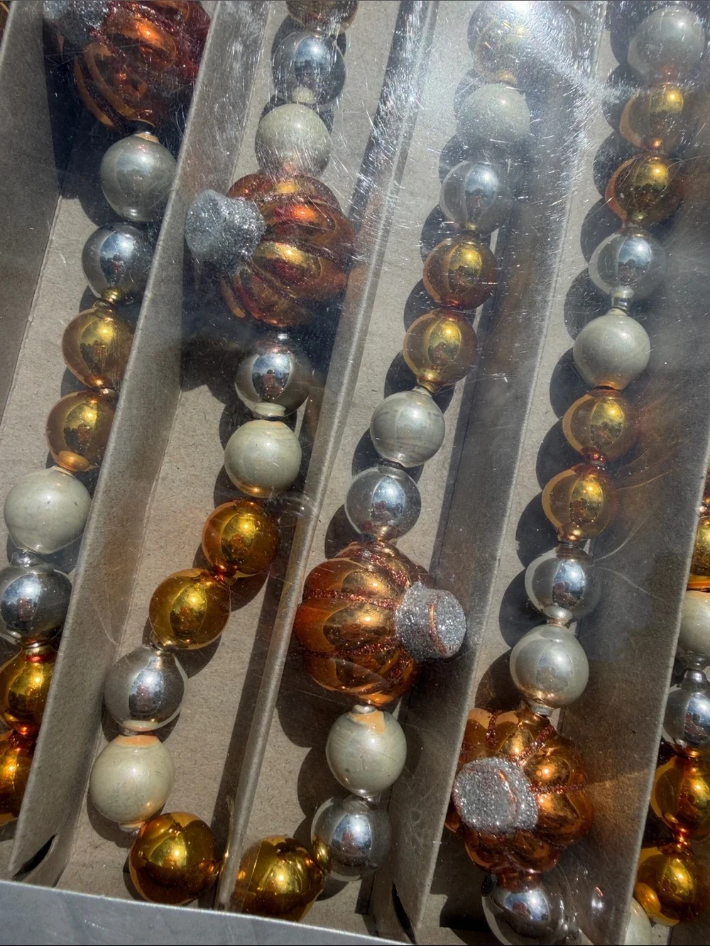 x3 RADKO Shiny Brite GLASS GARLAND 7ft/14ft Set Pumpkin Orange Gold Silver Fall